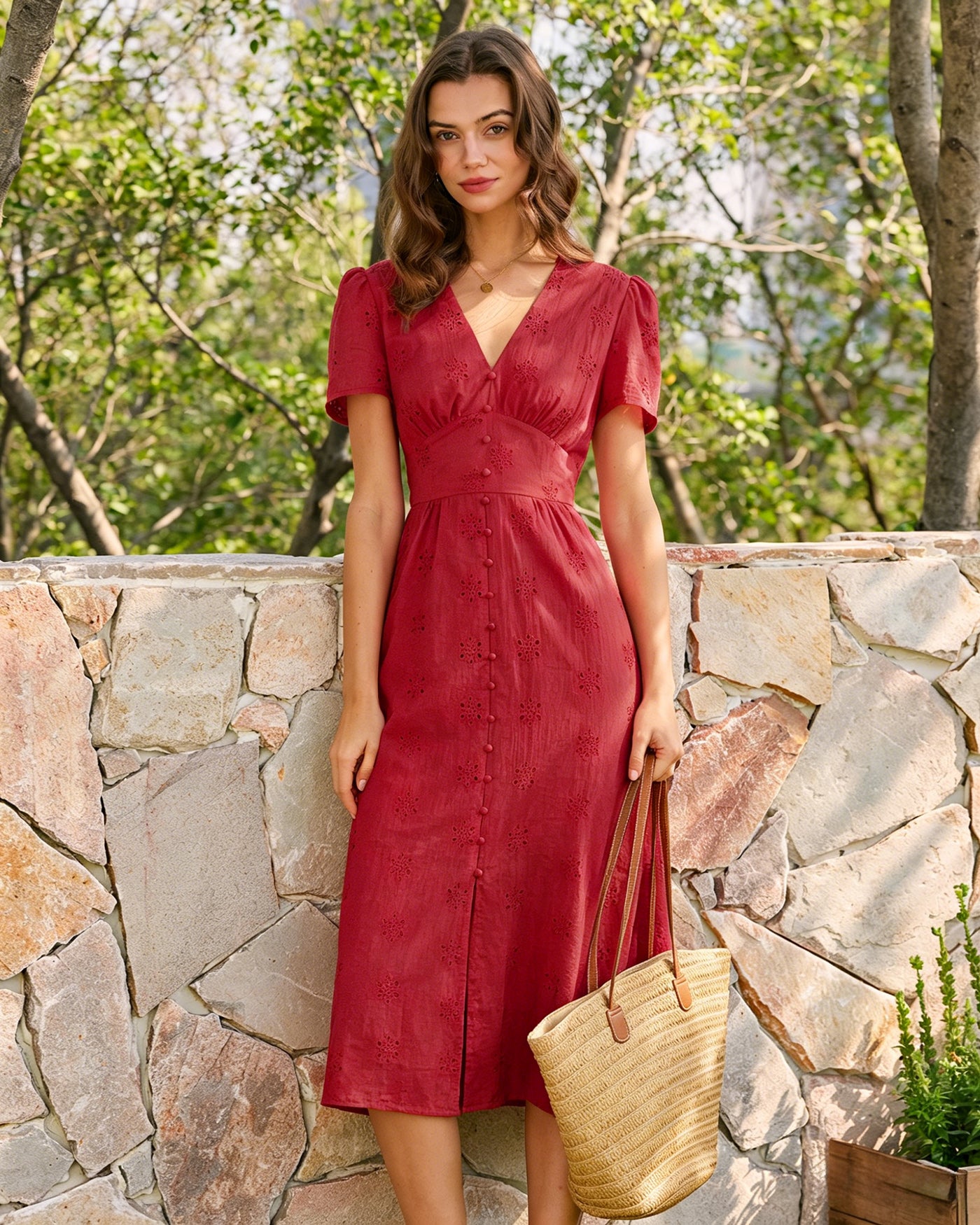 Women's Woven Cotton Midi Dress Dresses - RIHOAS