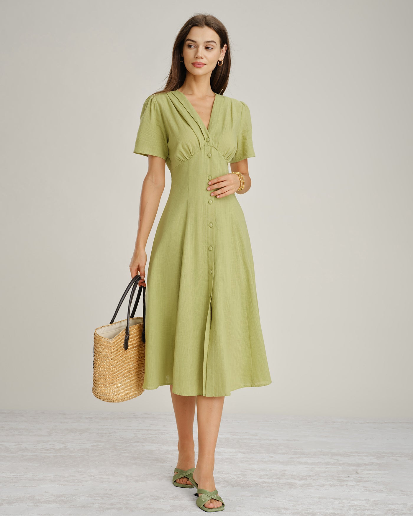 Women's Woven Cotton Midi Dress Green Dresses - RIHOAS