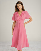 Women's Woven Cotton Midi Dress Pink Dresses - RIHOAS