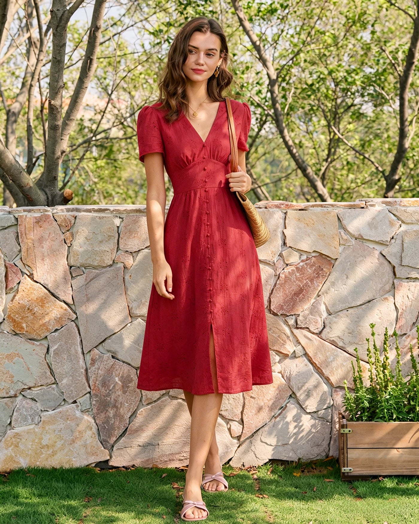 Women's Woven Cotton Midi Dress Red Dresses - RIHOAS