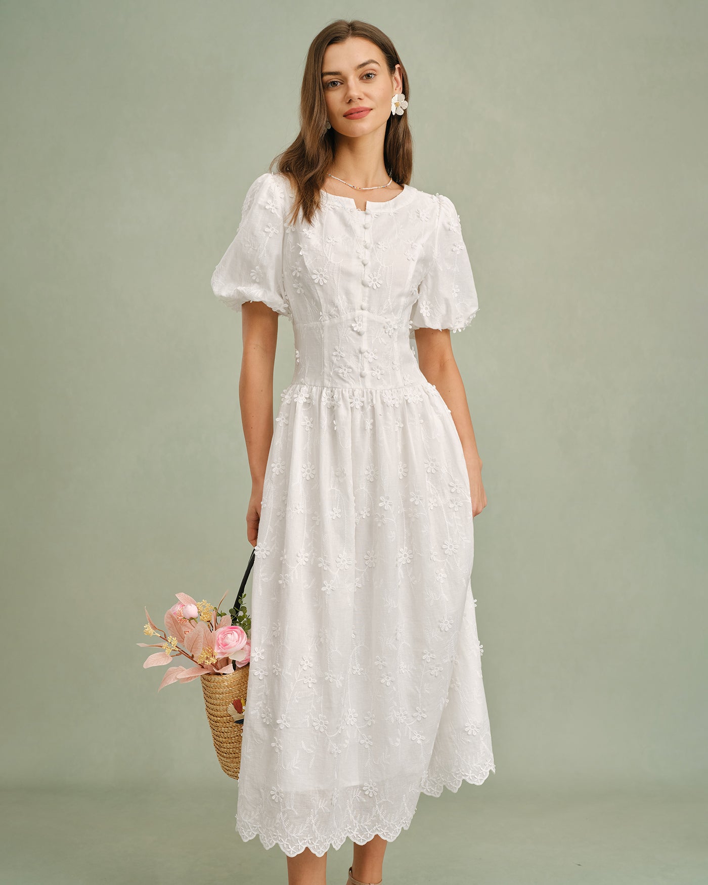 Women's Woven Cotton Midi Dress White Dresses - RIHOAS