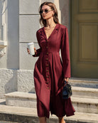 Women's Woven Cotton Midi Dress Wine Red Dresses - RIHOAS