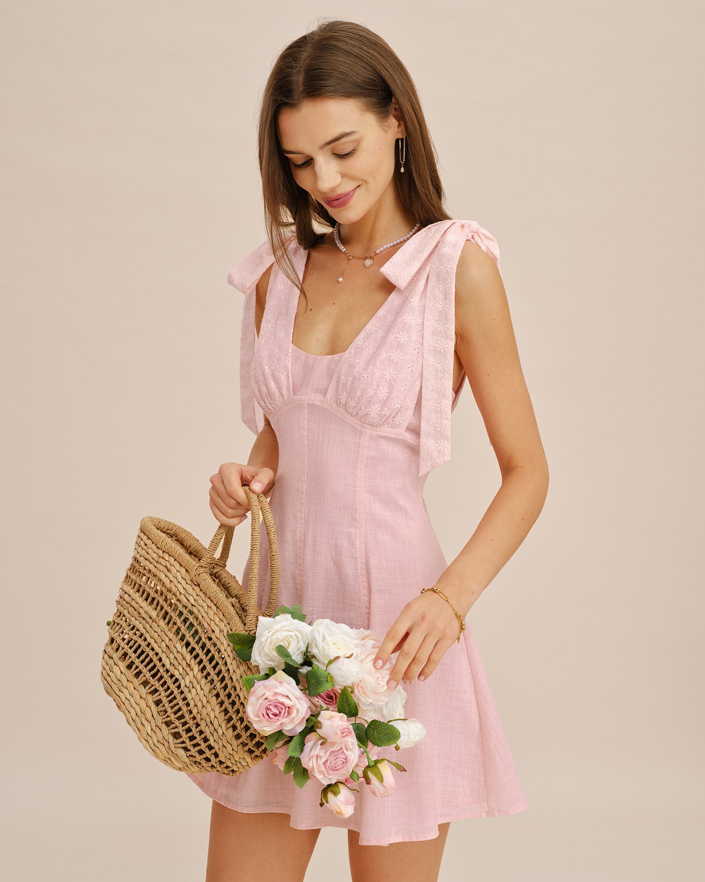 Women's Woven Cotton Mini Dress Pink Dresses - RIHOAS