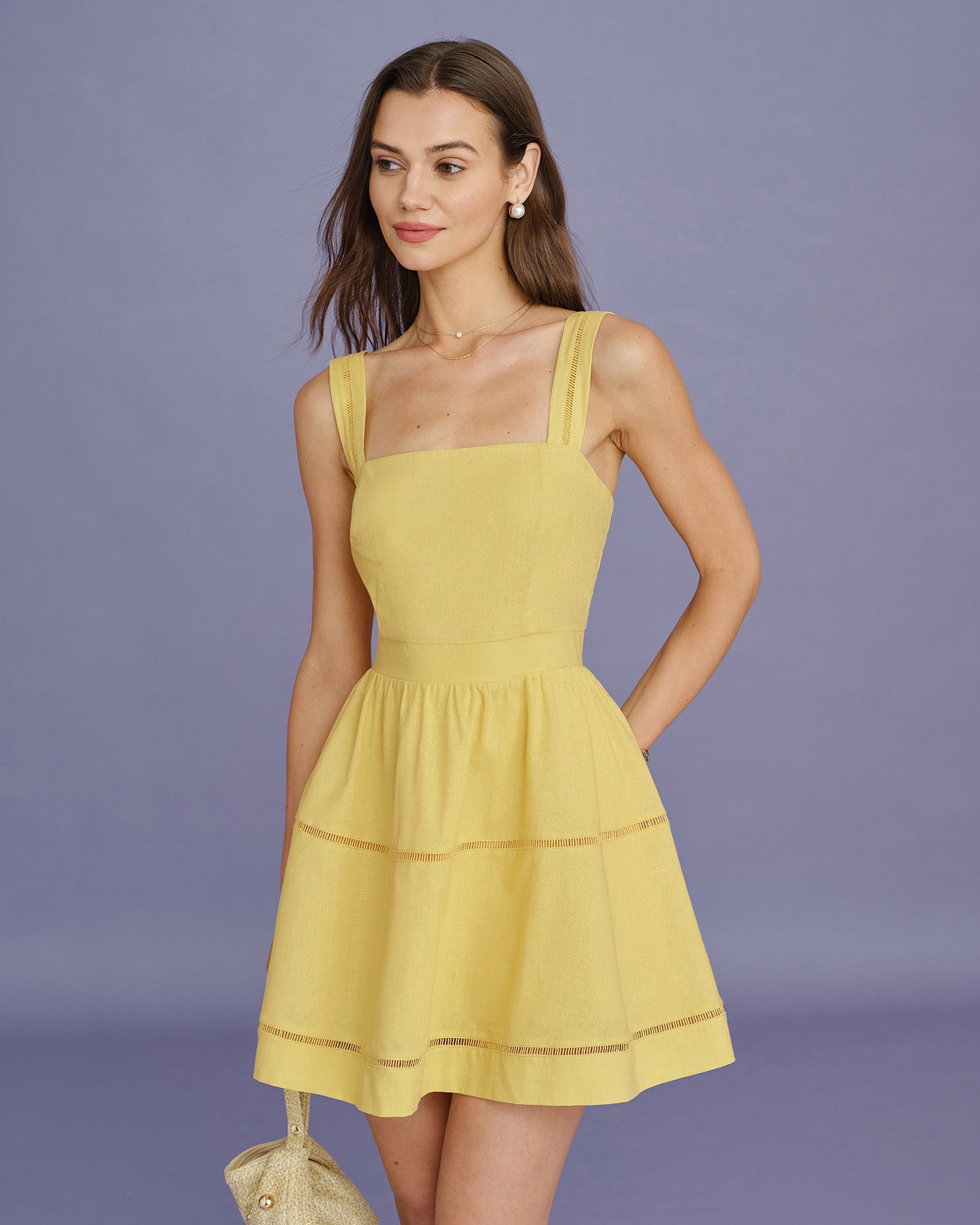 Women's Woven Cotton Mini Dress Yellow Dresses - RIHOAS