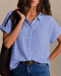 Women's Woven Cotton Shirt Blue Tops - RIHOAS