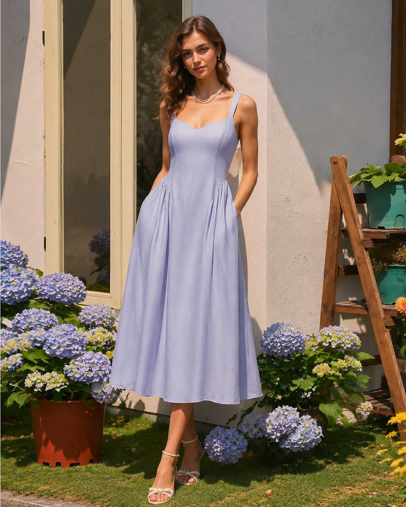 Women's Woven Linen Midi Dress Dresses - RIHOAS