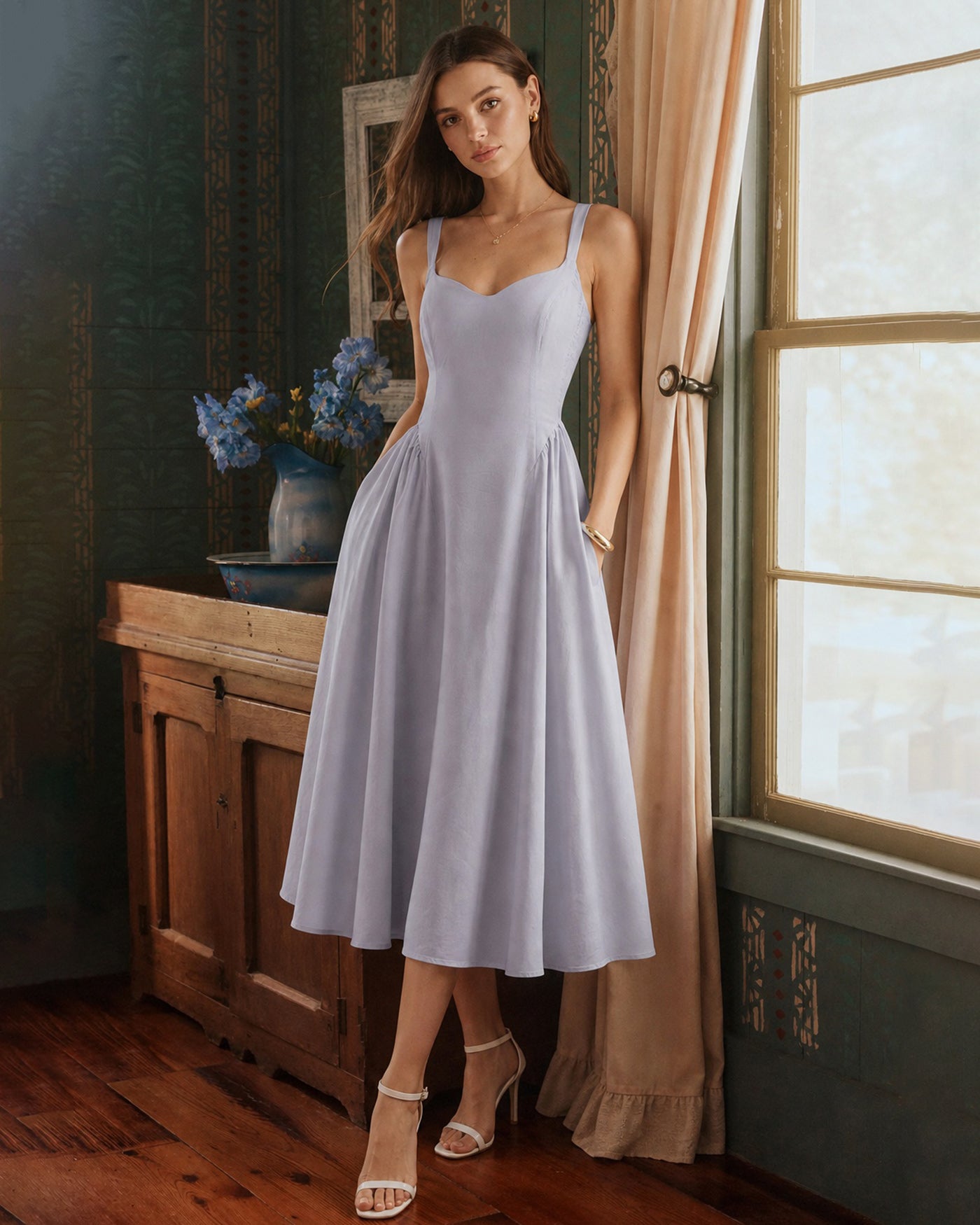 Women's Woven Linen Midi Dress Dresses - RIHOAS