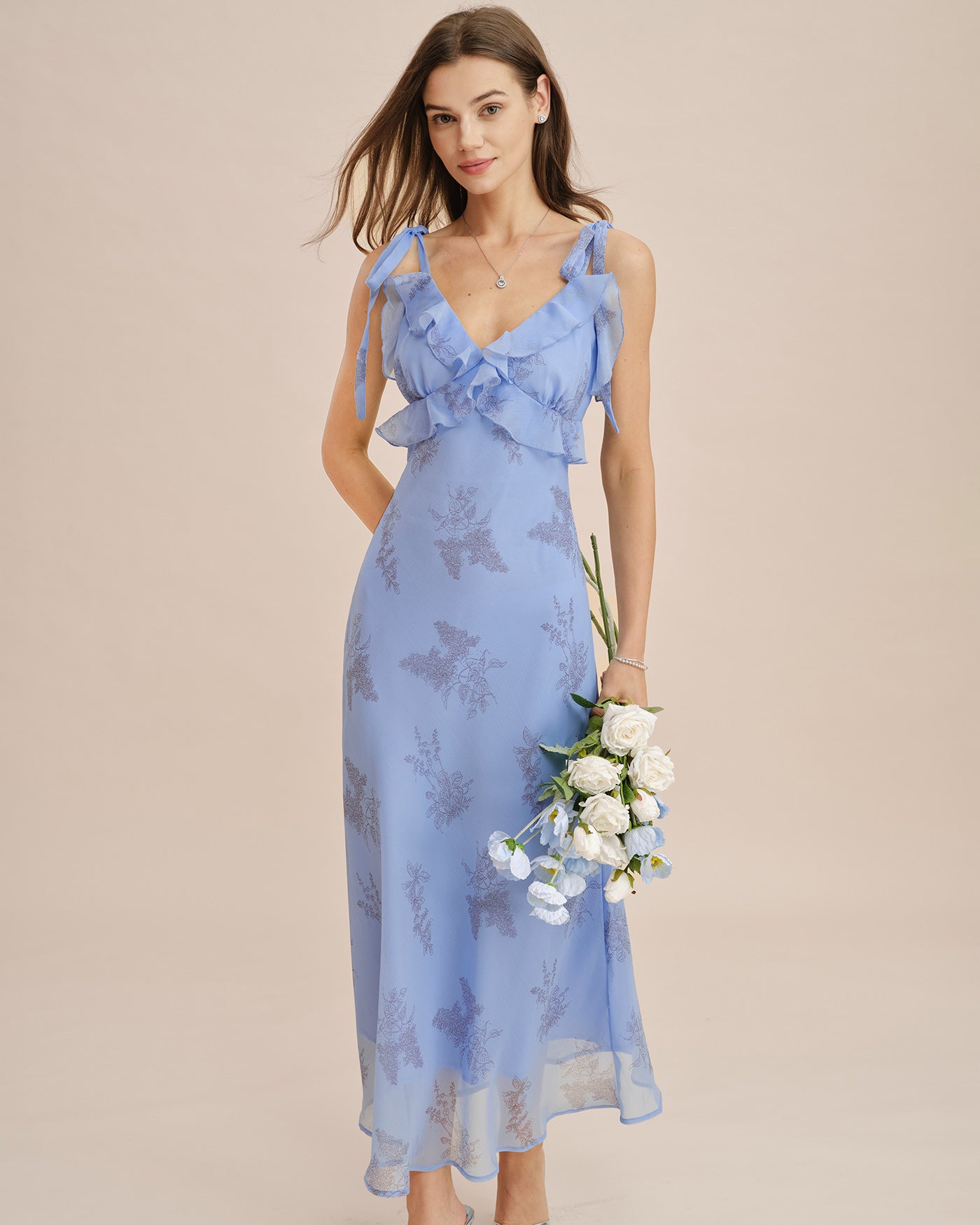Women's Woven Polyester  Maxi Dress Blue Dresses - RIHOAS