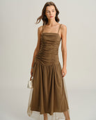 Women's Woven Polyester Maxi Dress Brown Dresses - RIHOAS