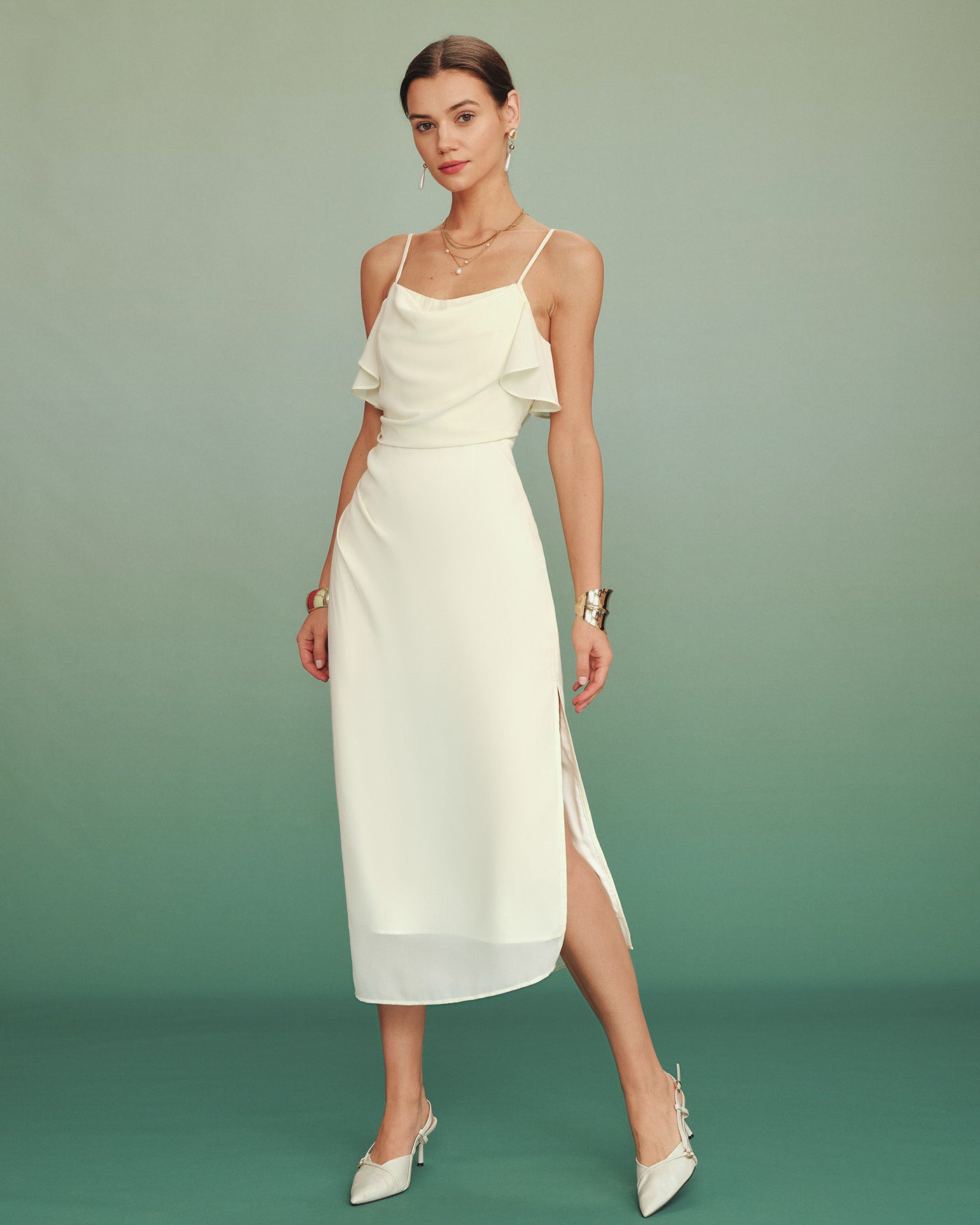 Women's Woven Polyester Midi Dress Apricot Dresses - RIHOAS