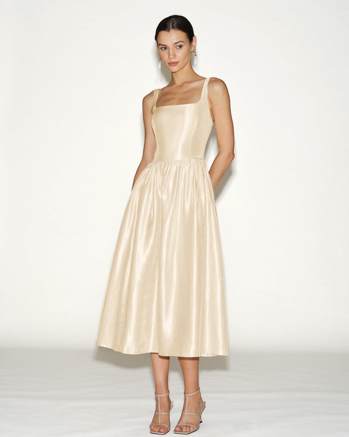 Women's Woven Polyester  Midi Dress Apricot Dresses - RIHOAS