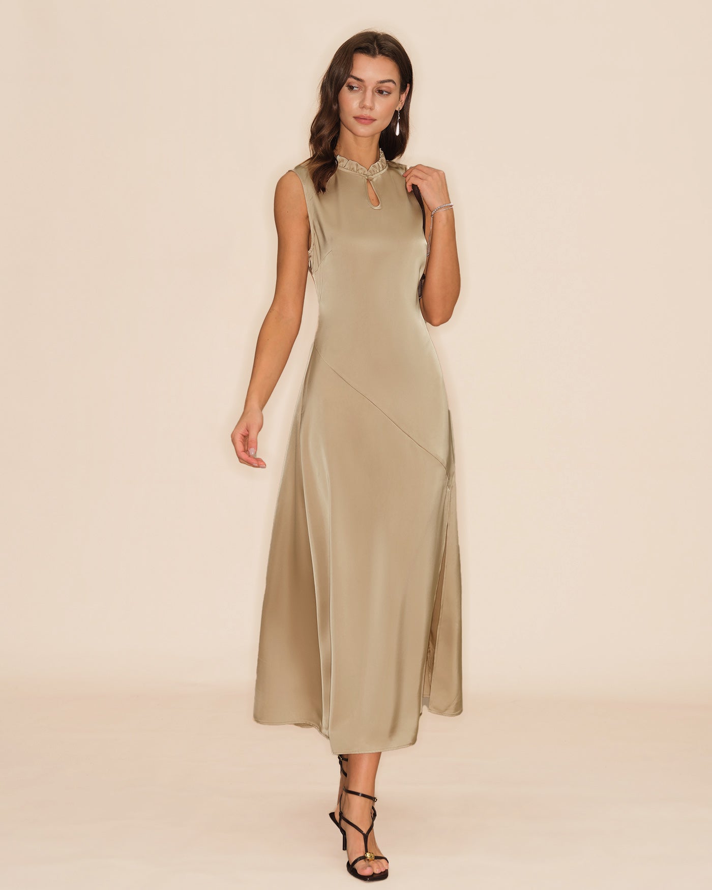 Women's Woven Polyester Midi Dress Apricot Dresses - RIHOAS