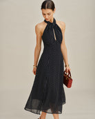 Women's Woven Polyester Midi Dress Black Dresses - RIHOAS