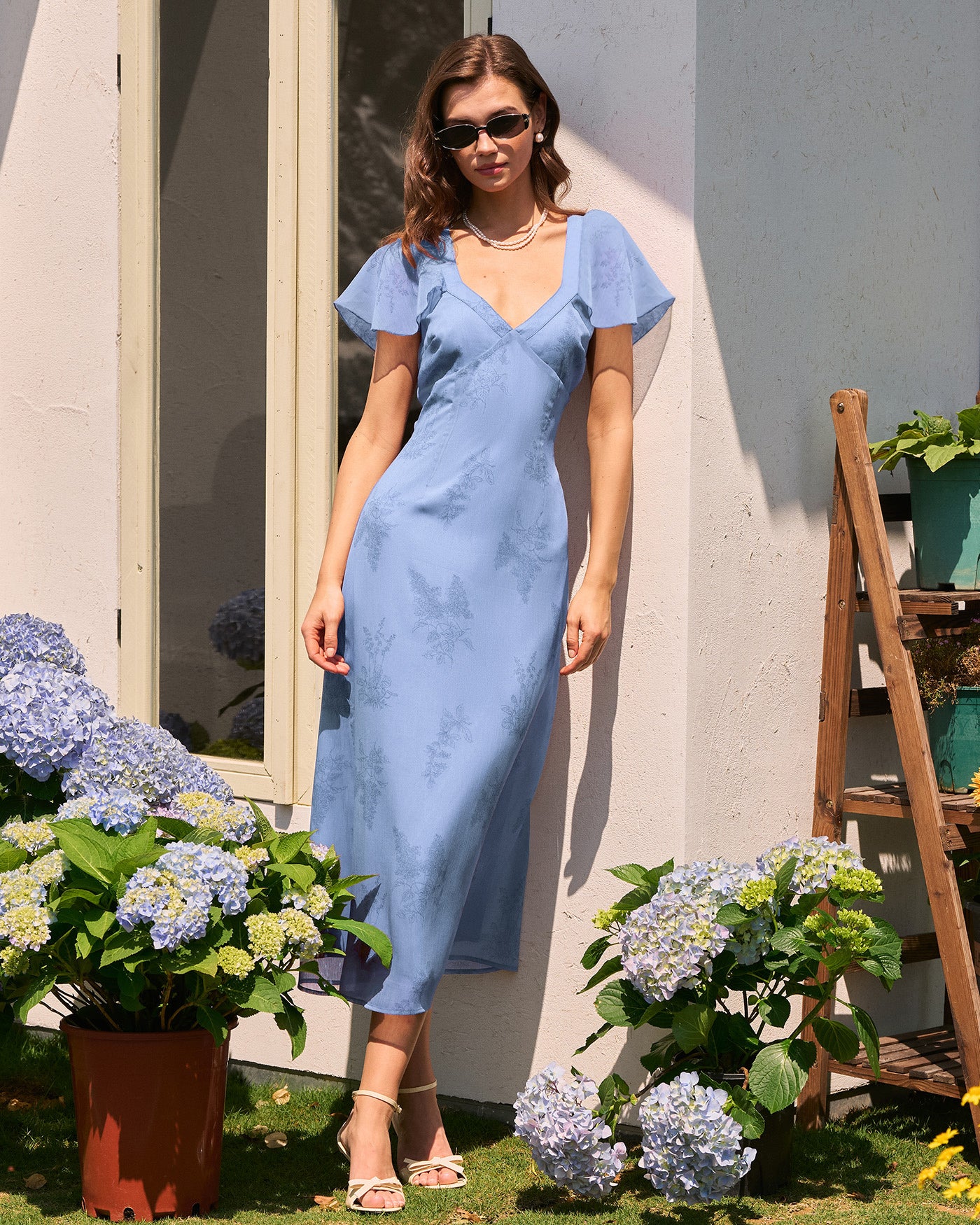 Women's Woven Polyester Midi Dress Blue Dresses - RIHOAS