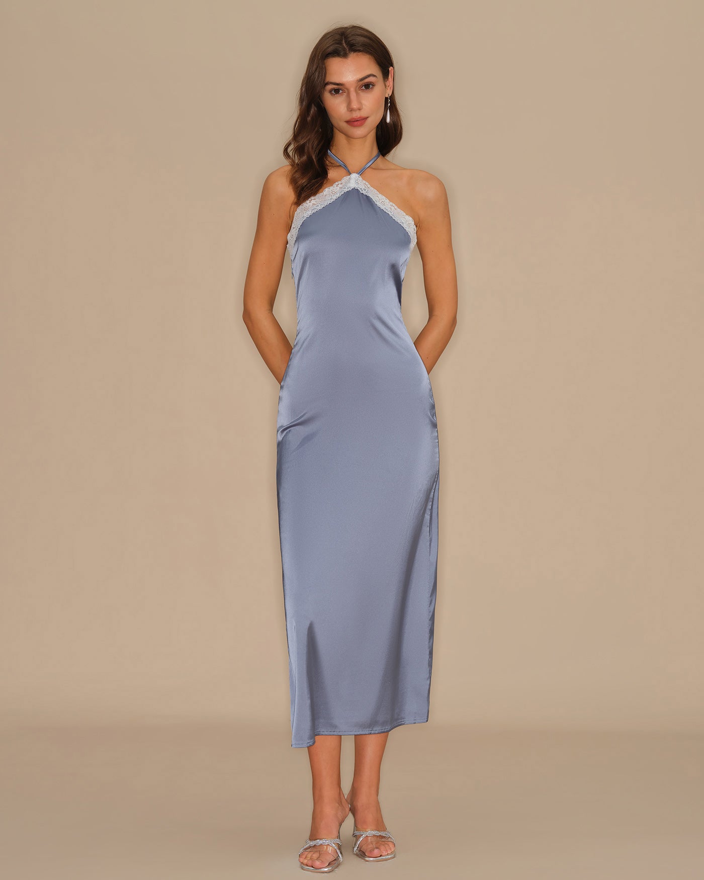 Women's Woven Polyester Midi Dress Blue Dresses - RIHOAS