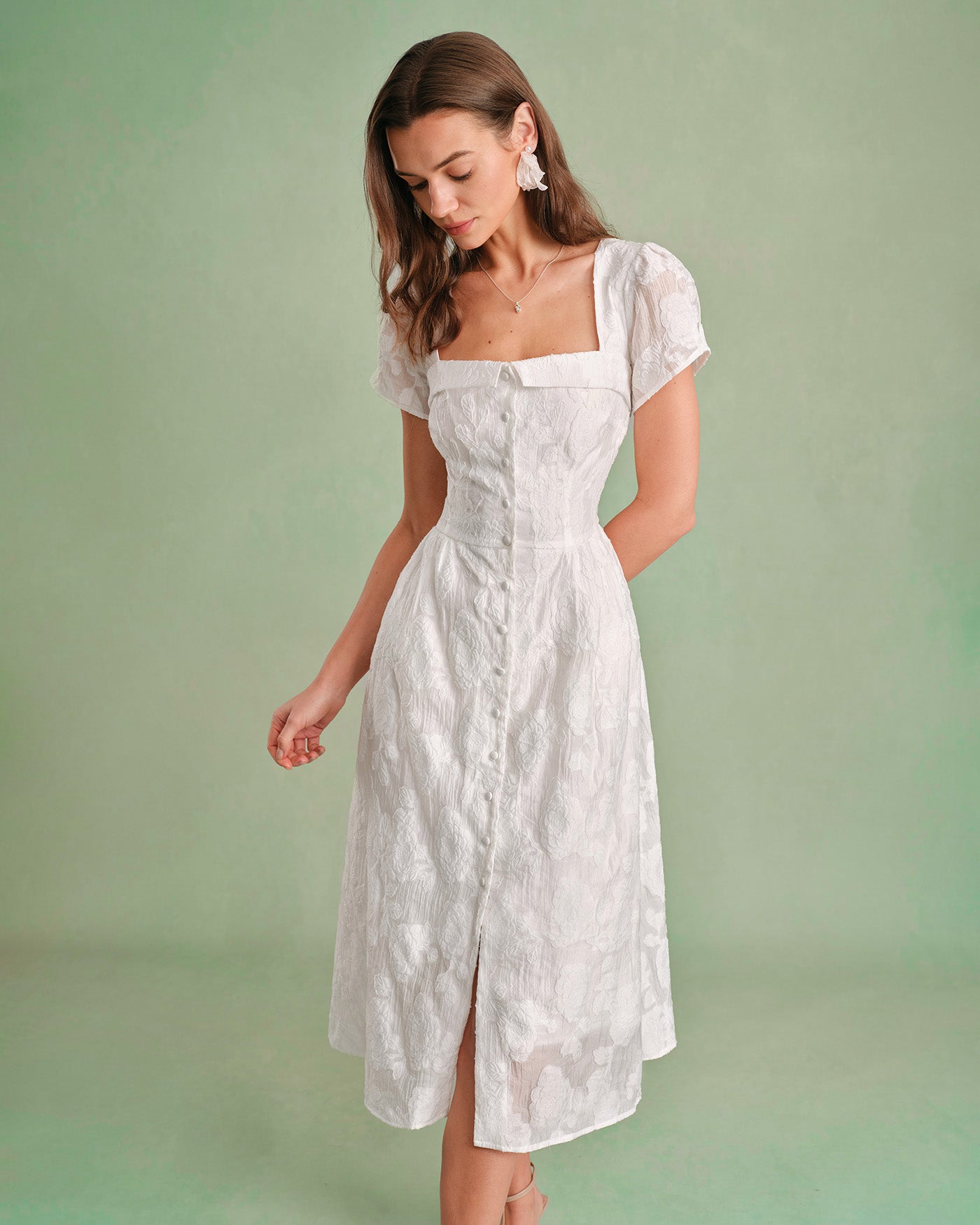 Women's Woven Polyester Midi Dress White Dresses - RIHOAS