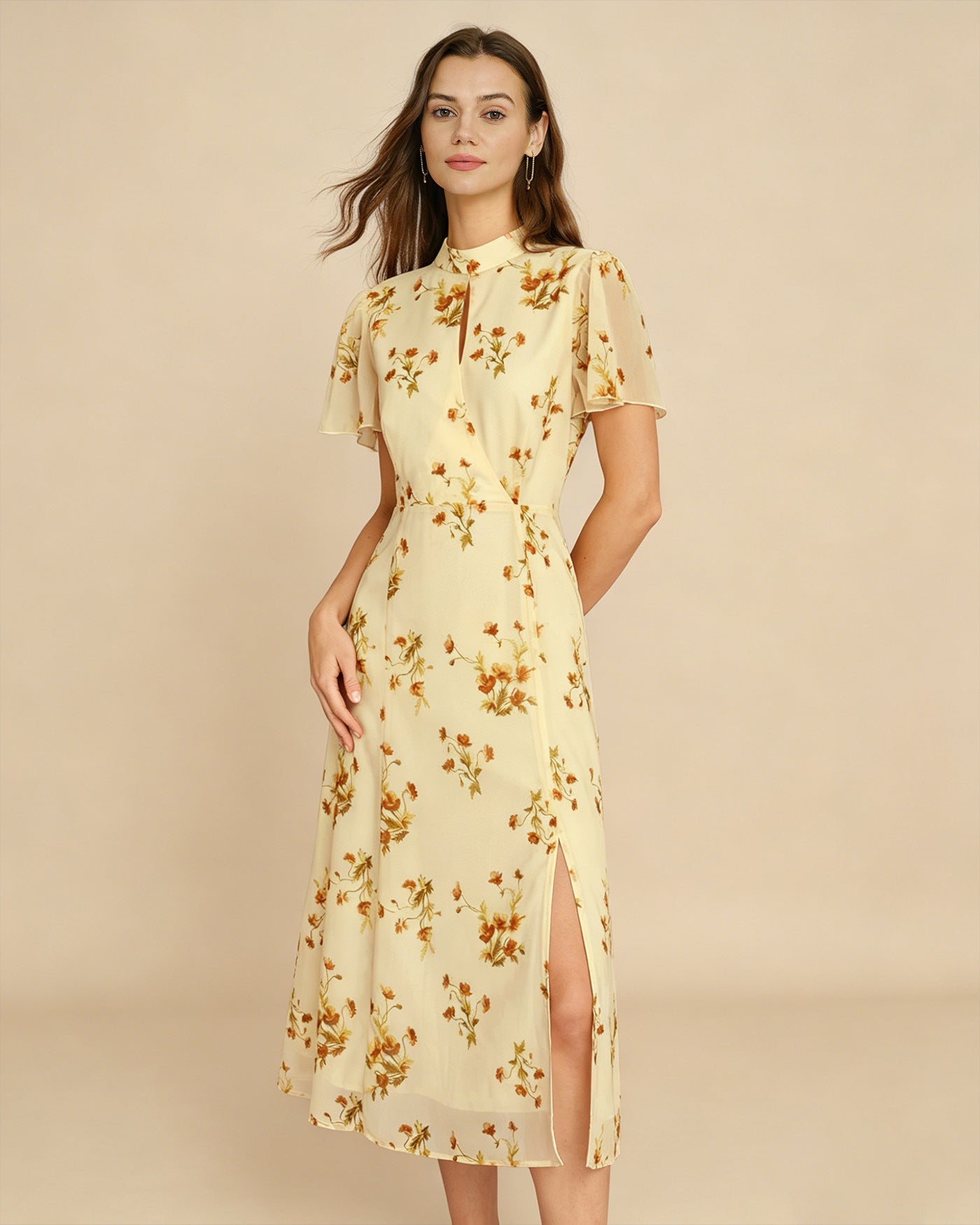 Women's  Woven Polyester Midi Dress Yellow Dresses - RIHOAS