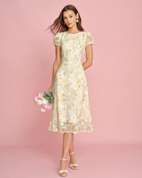 Women's Woven Polyester Midi Dress Yellow Dresses - RIHOAS