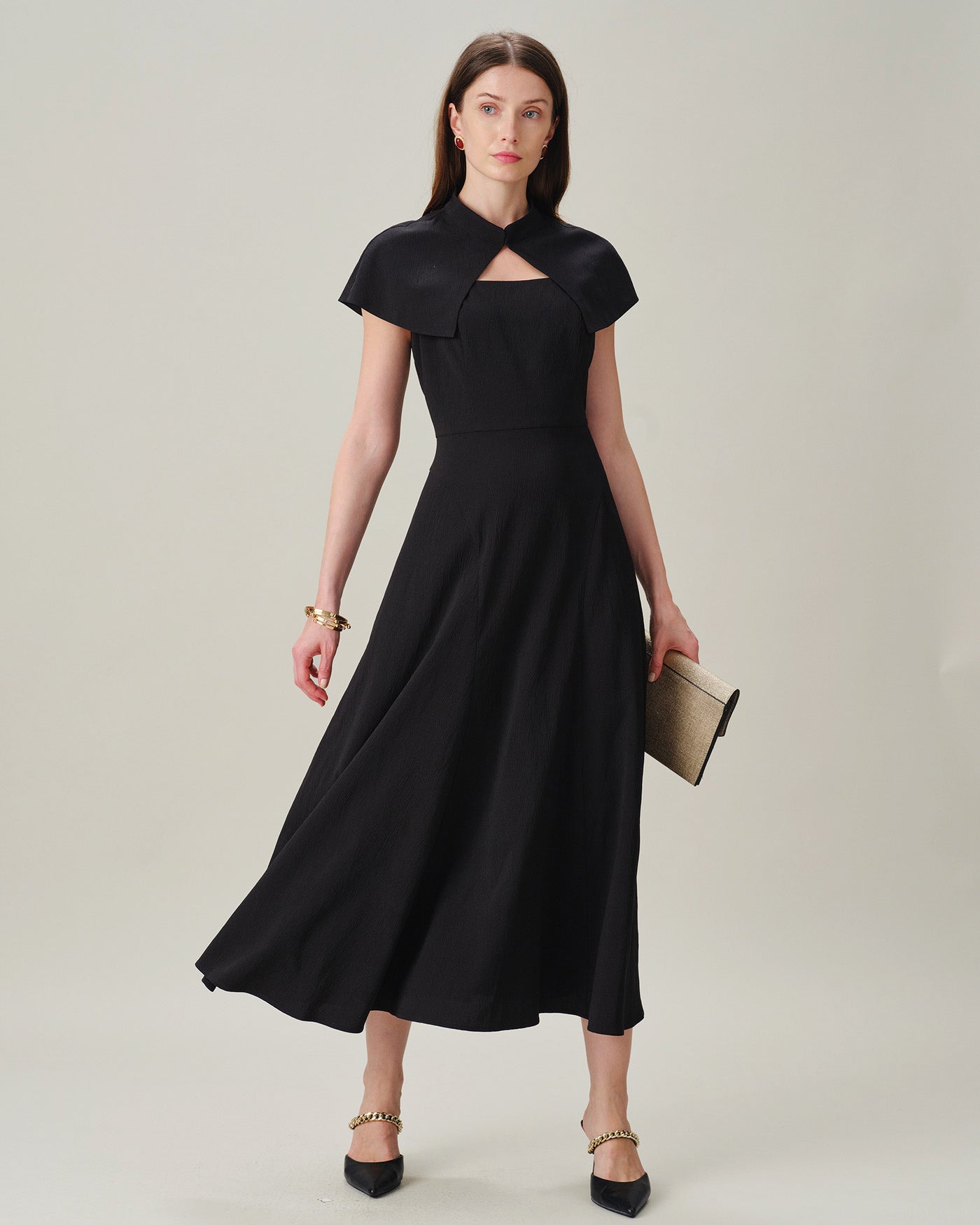 Women's Woven Polyester Midi Dresses Black Dresses - RIHOAS