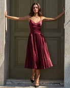 Women's Woven Polyester Midi Dresses Wine Red Dresses - RIHOAS