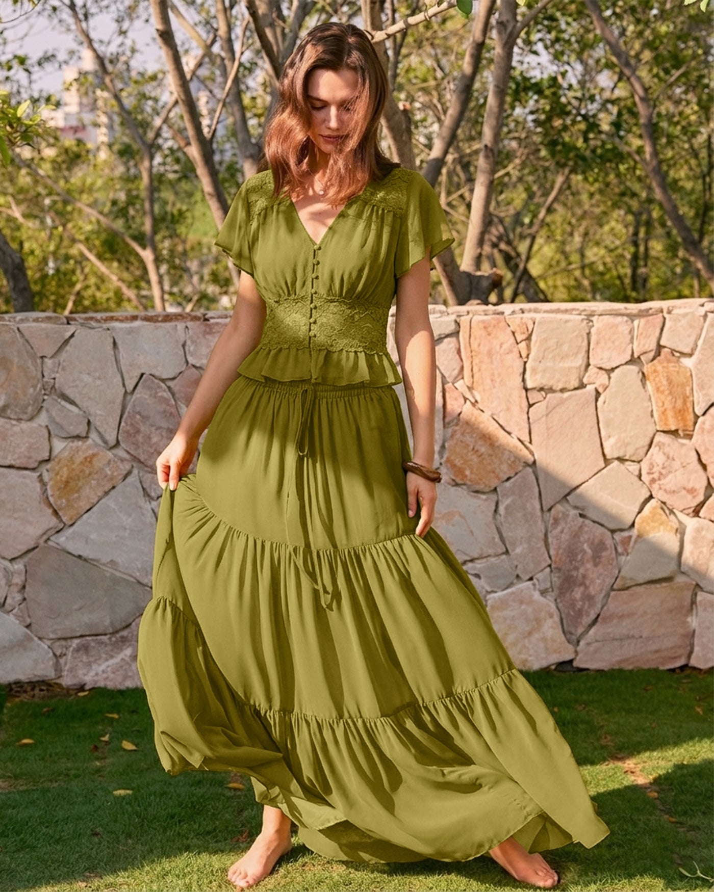 Women's Woven Polyester Midi Skirt Bottoms - RIHOAS