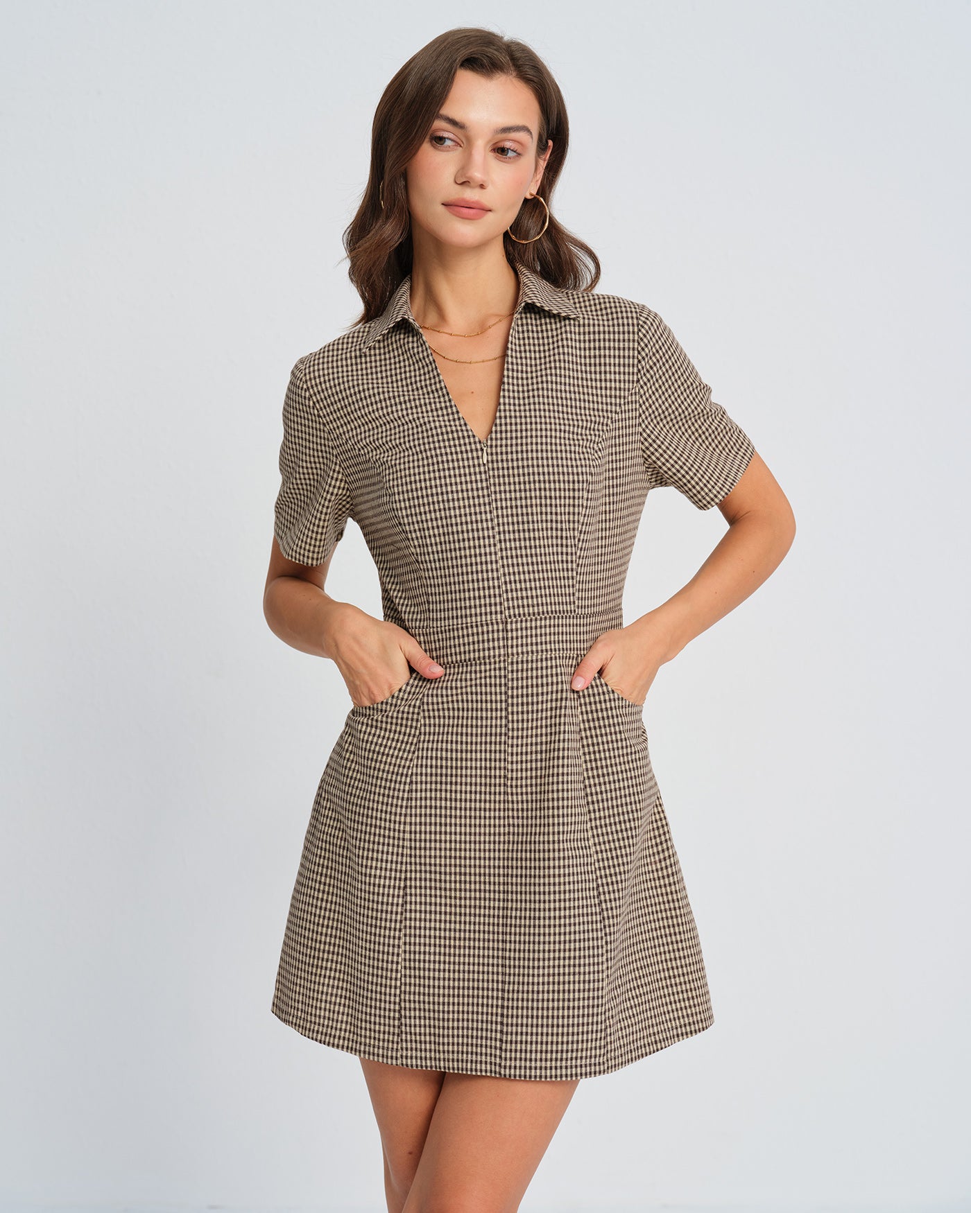 Women's Woven Polyester Mini Dress Brown Dresses - RIHOAS