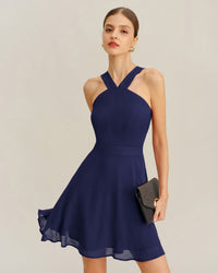 Women's Woven Polyester Mini Dress Navy Dresses - RIHOAS