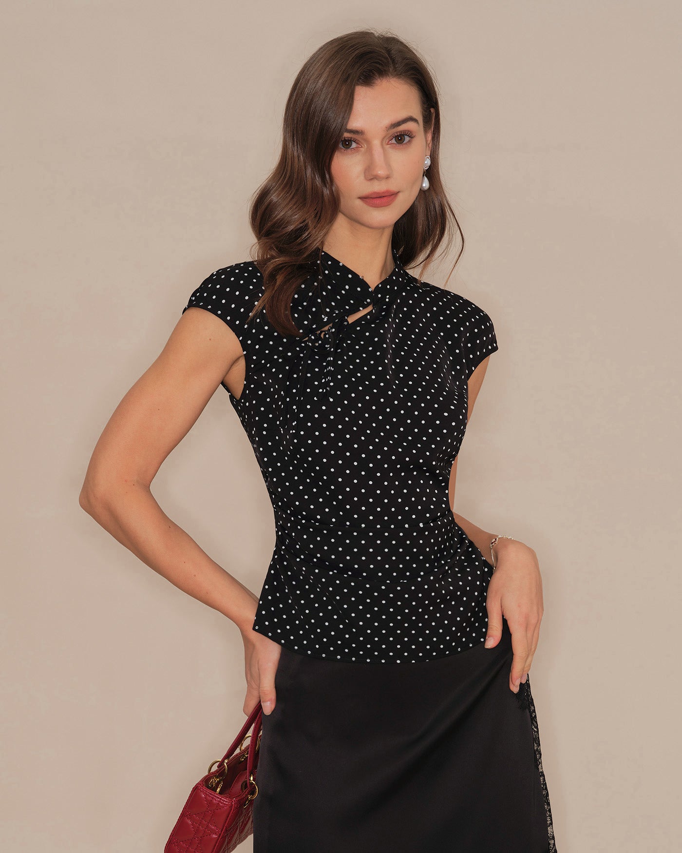 Women's Woven Polyester Tees Black Tops - RIHOAS